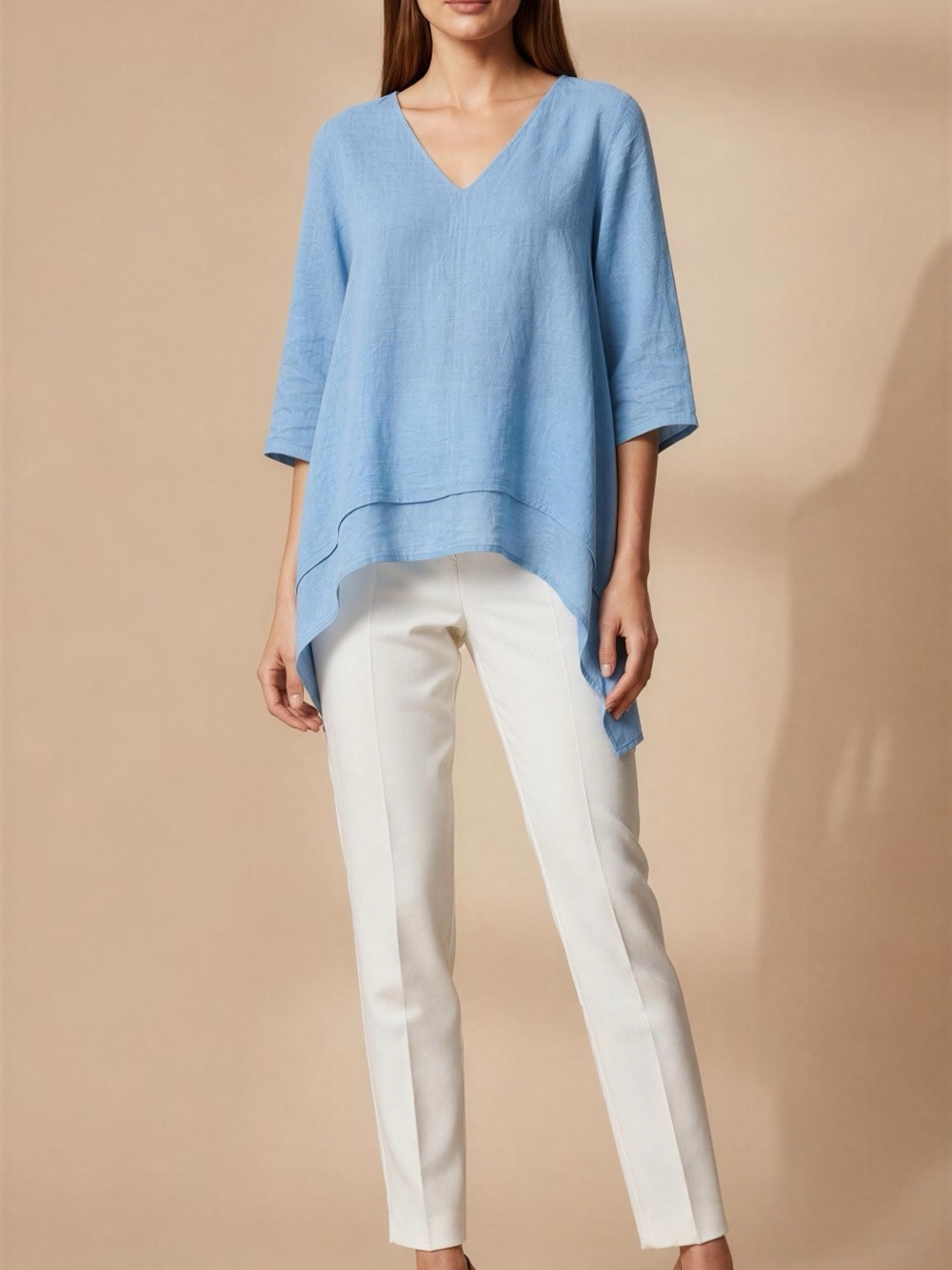 Light Blue V-Neck Linen Tunic Asymmetrical Hem